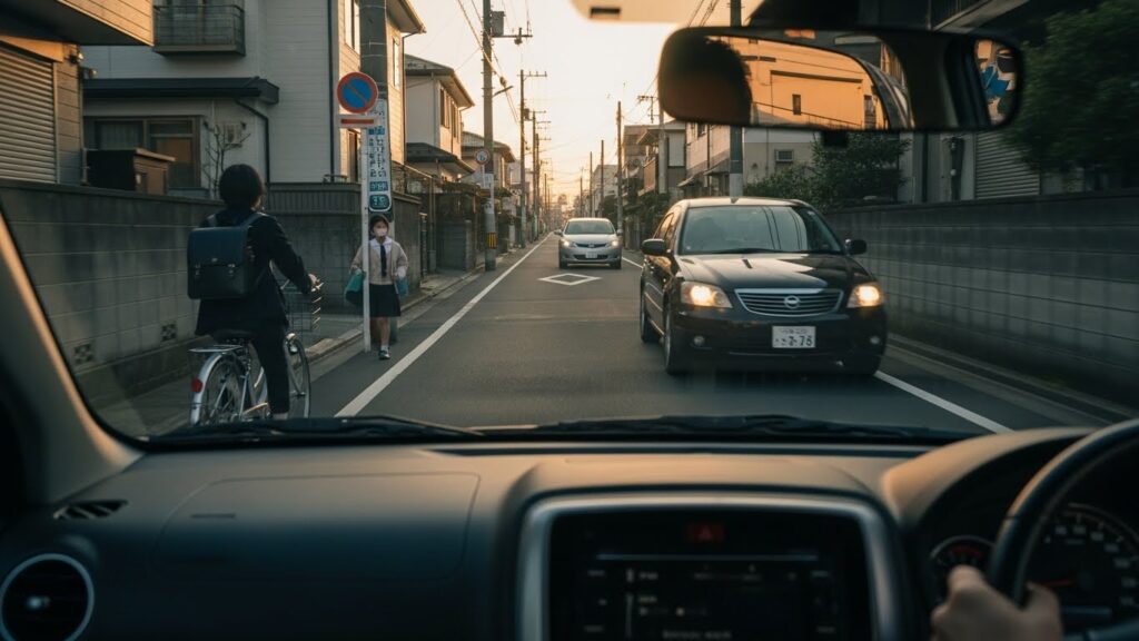 夕方の生活道路で、自転車・歩行者・対向車が同時に存在する中を走行する車内視点。視線の使い方と観察の優先順位が重要になるシーン。