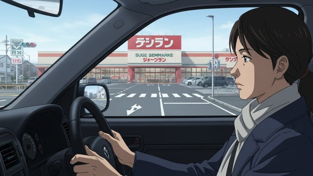 スーパーまでの生活ルートを意識しながら、次の行動を確認しているペーパードライバーの運転シーン