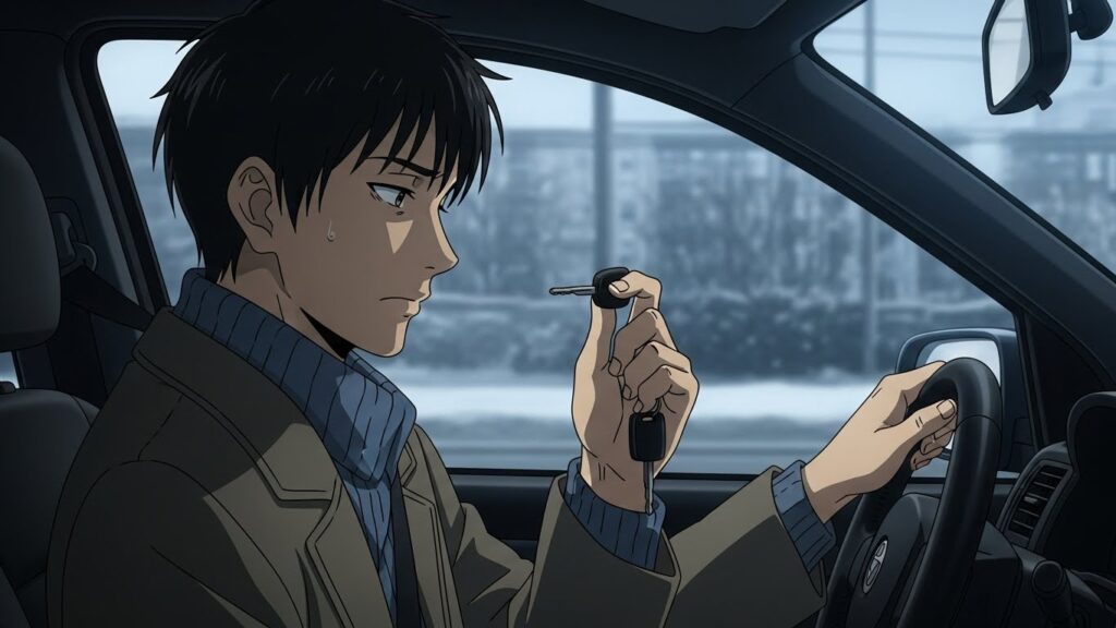 防衛反応により運転を再開できず、車内で鍵を握り緊張しているペーパードライバー