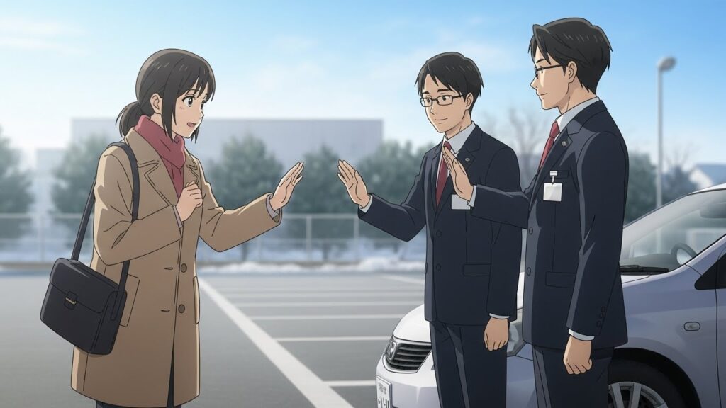 運転前にインストラクターと挨拶し、不安を共有しながら再開の準備をしているペーパードライバー