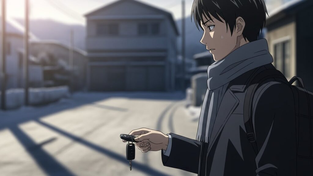 ペーパードライバーが1月の朝、運転再開を考えながら車の鍵を手に立ち止まっている様子