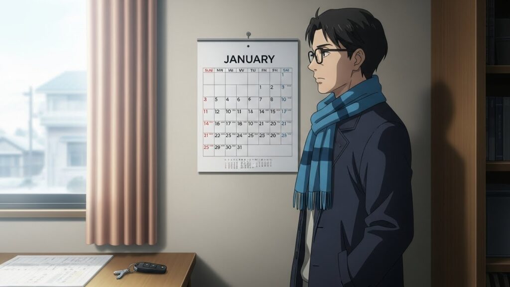 1月のカレンダーを前に、急がずに運転再開の時間を考えているペーパードライバーの様子
