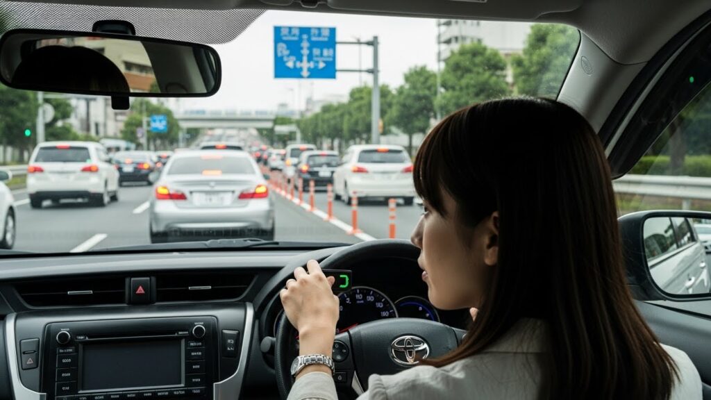 渋滞する日本の幹線道路を女性ドライバーが車内から見つめ、前方の車の動きを慎重に確認している様子。