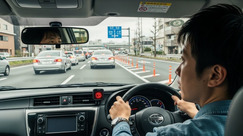 渋滞する日本の幹線道路で、男性ドライバーが車内から前方の交通の流れを注意深く確認している様子。
