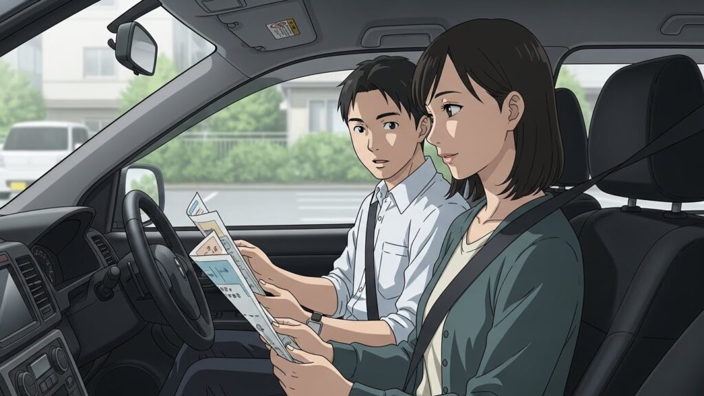他社のペーパードライバー講習でうまくいかなかった理由を、実際の運転場面を振り返りながら説明している様子