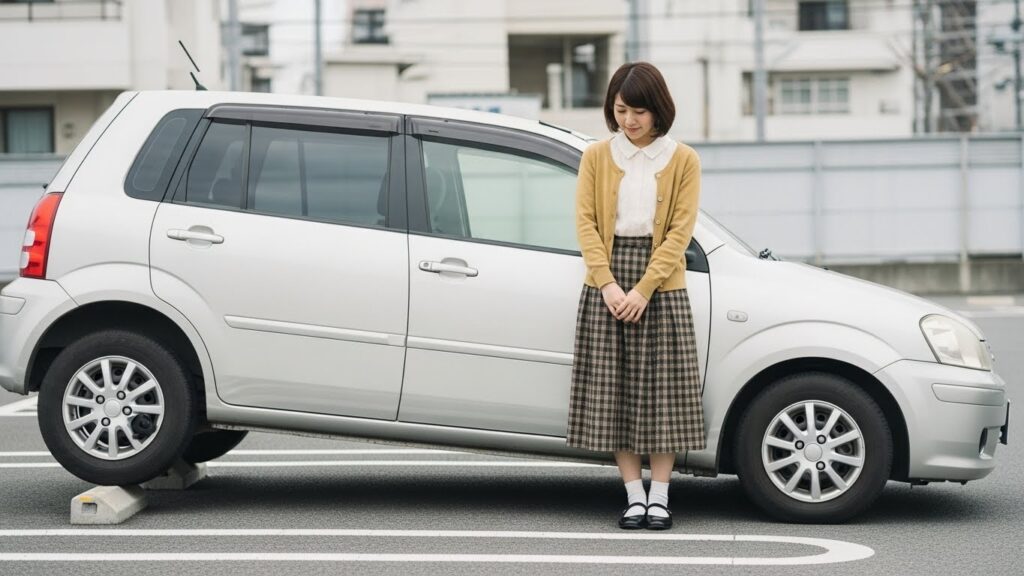 駐車に失敗して車輪がブロックに乗り上げてしまい、落ち込んで立つ若い女性。運転の基礎スキル不足による駐車ミスのイメージ。