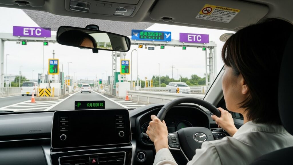 ETCゲートに進入する女性ドライバー。減速しながら車間距離を調整し、通過準備をしている様子。