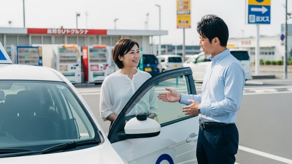 教習車のそばでインストラクターと話す女性受講者。高速道路への不安を和らげるためのアドバイスを受けている様子。