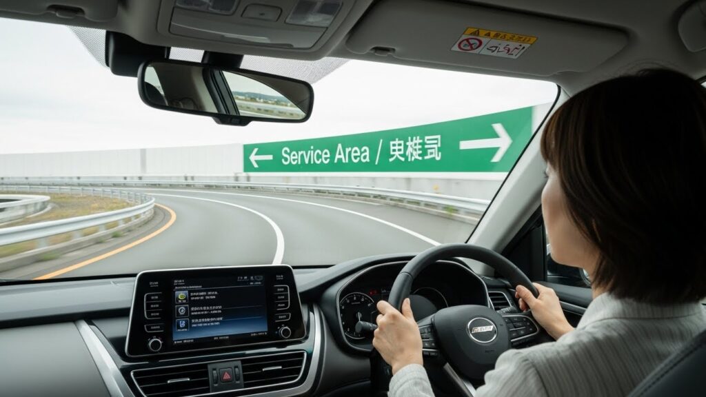 サービスエリアの入口カーブを減速しながら進入する女性ドライバー。標識を確認しつつ慎重に操作している様子。