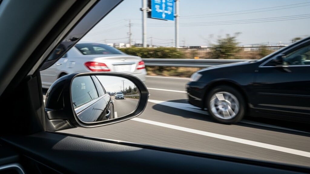 車内からサイドミラーを確認する様子。後方車両が接近しており、車線変更のタイミング判断が難しい状況を示すイメージ。