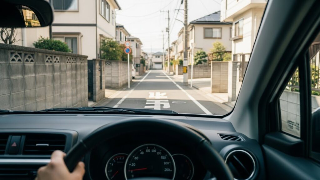 車内から見た住宅街の細い生活道路を直進するシーン。前方の道路表示「止まれ」が見え、周囲に民家が並ぶ落ち着いた朝の運転状況。