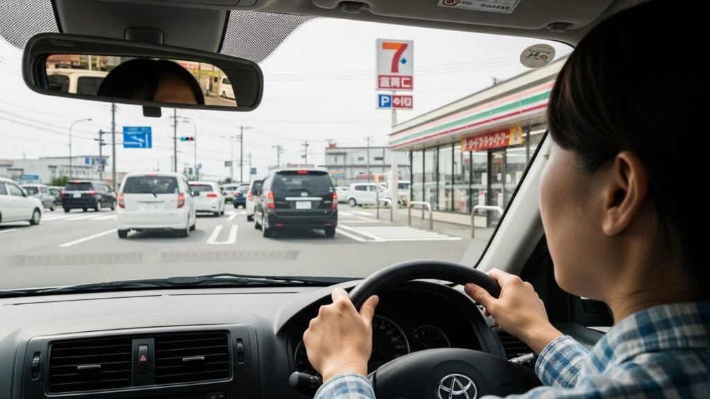 右折待ちの車内から見た交通量の多い交差点。前方の車や歩行者、信号など多くの情報があり、認知負荷が高い状況を示すイメージ。
