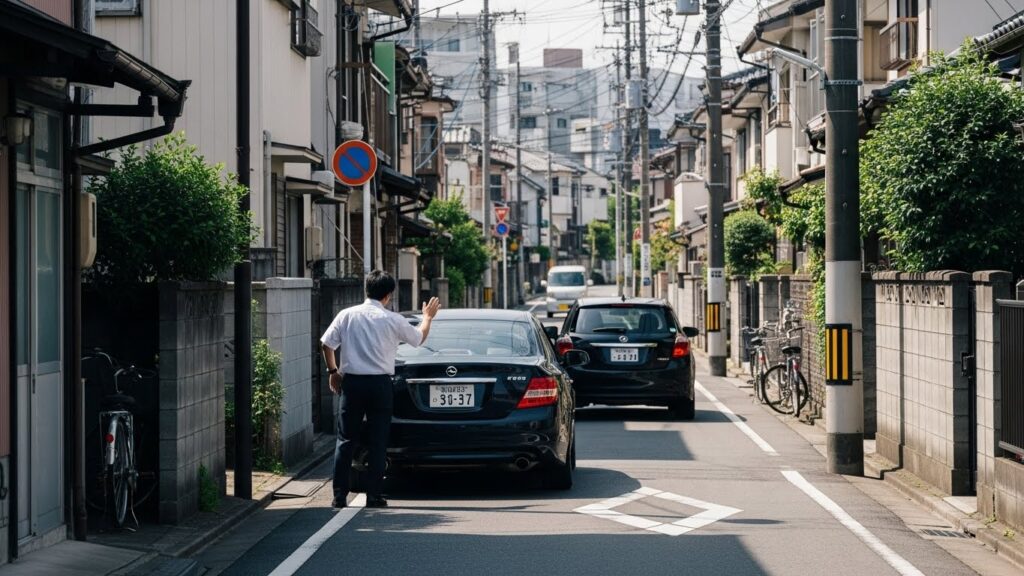 狭い生活道路ですれ違う車と、その横を歩く男性。道幅が狭く車幅感覚や譲り合いの判断が求められる状況を示すイメージ。
