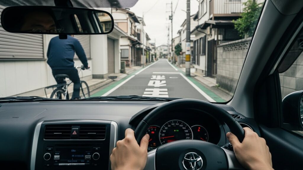 生活道路で自転車が車のすぐ横を通過する場面を、運転席から見た視点。ペーパードライバーが不安を感じやすい狭い道路環境を示すシーン。