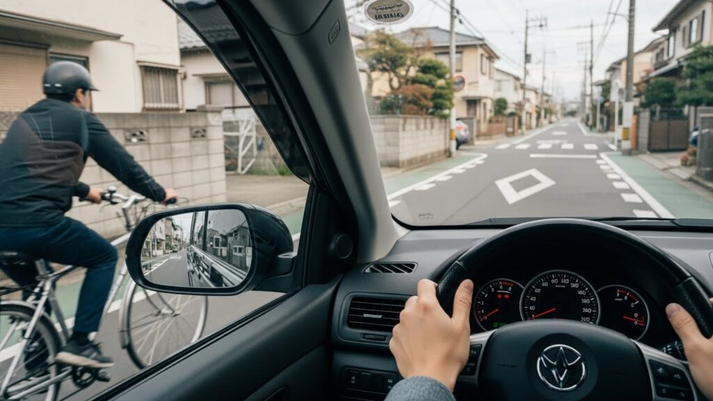 生活道路で自転車が車のすぐ横を走行する場面を、運転席から見た視点。狭い道路での安全確認の重要性を示すシーン。