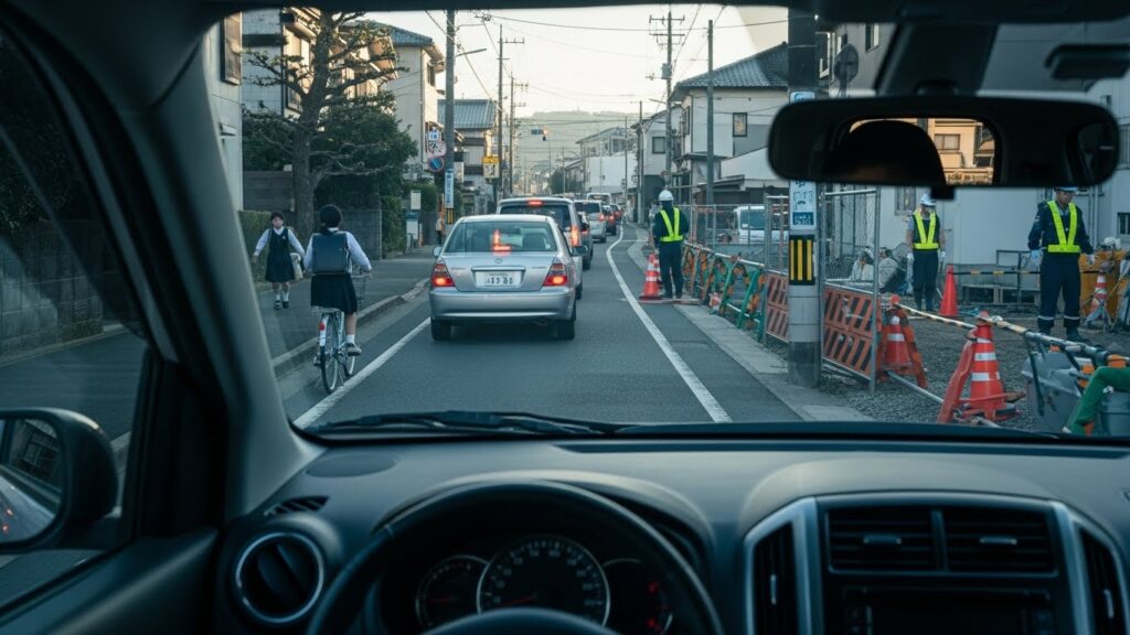 生活道路で渋滞する車列と、工事現場、登校中の子どもや自転車が行き交う様子を車内から見たシーン。ペーパードライバーが1ルート依存で抱えやすい危険や負担を示す状況。