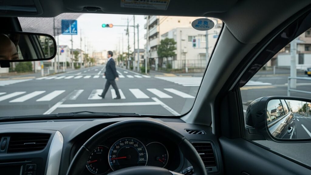 車内から横断歩道を渡る歩行者を確認している様子。2026年道路交通法改正で重要となる、歩行者最優先の意識と横断歩行者保護の徹底を示すシーン。