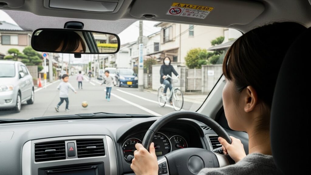 生活道路で子どもが飛び出し、自転車も通る中、初心者ドライバーの女性が緊張しながら運転している場面。予測不能な危険が多い住宅街の状況を示す。