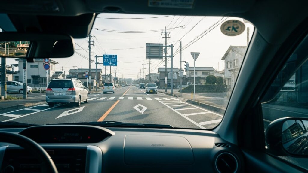 朝の幹線道路を車内から見た運転視点。交通量が多い時間帯の道路環境を確認している様子。