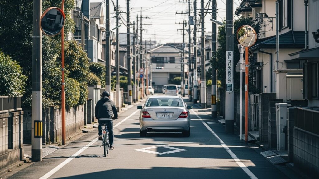 生活道路で車が自転車の直後を走行している様子。2026年道路交通法改正で強化される車間距離の確保と、速度調整の重要性を示すシーン。