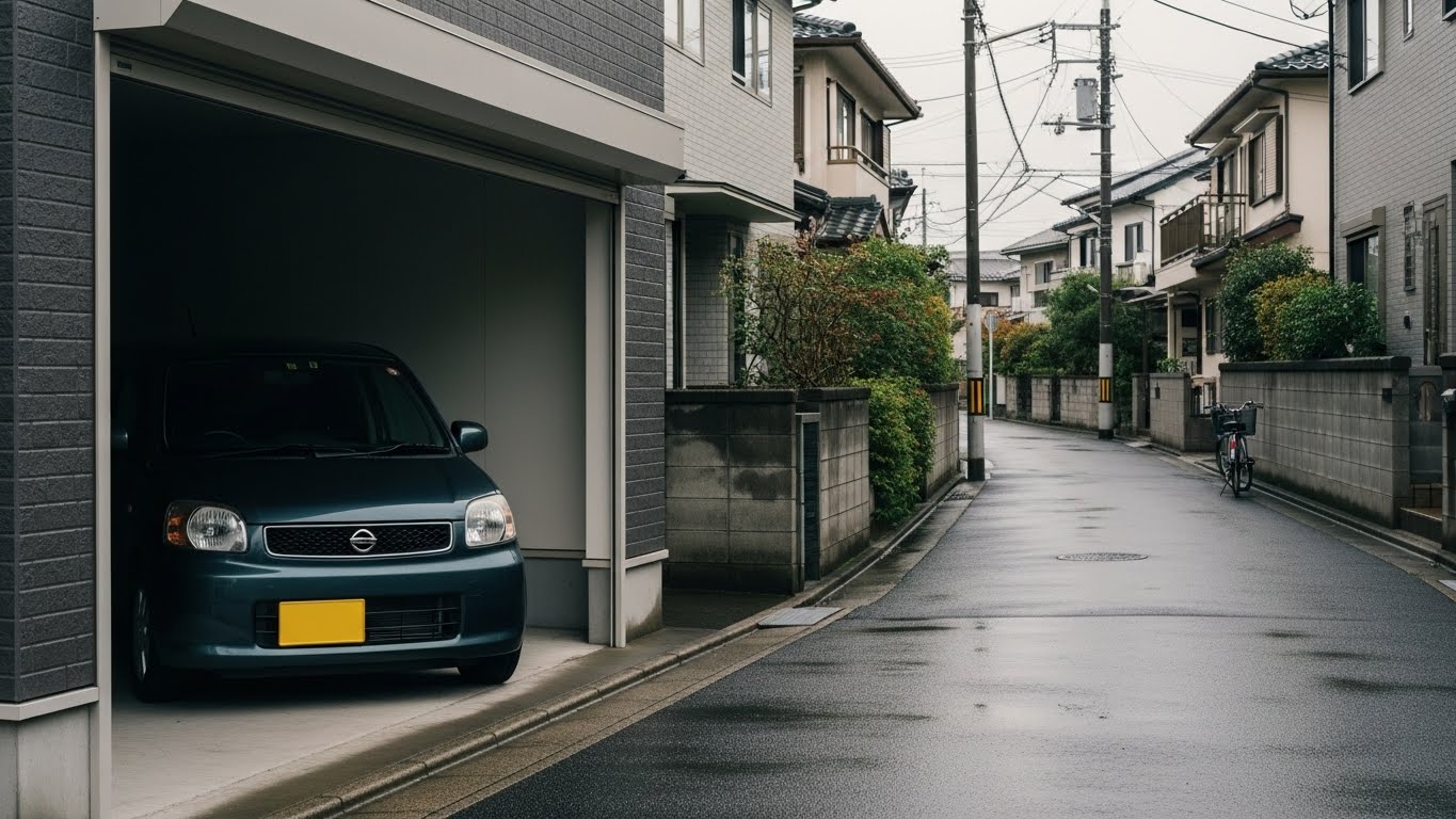 自宅ガレージから生活道路に出ようとする車と、雨で濡れた静かな住宅街の様子。運転に慣れるための安心ルートを示すシーン。