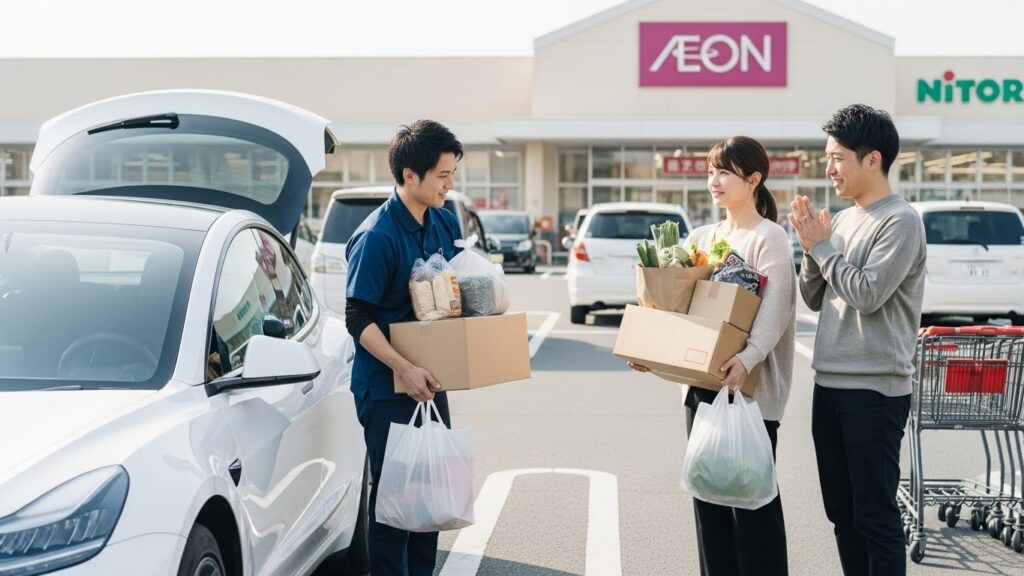 「イオンの駐車場で、インストラクターが買い物荷物を車へ積み込む様子をサポートしているシーン。ショッピング付きペーパードライバー講習では、実際の商業施設で買い物から積載までの一連の流れを安全に体験できる。」