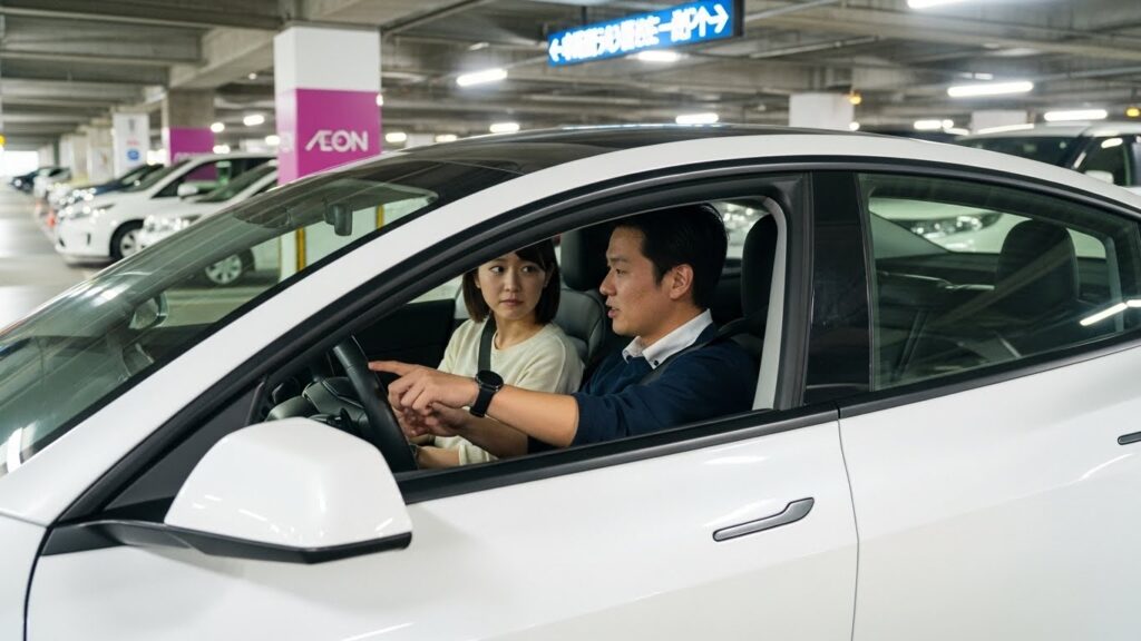 「イオンの立体駐車場で、インストラクターが受講者に駐車のポイントを指導している様子。ショッピング付きペーパードライバー講習で、実際の商業施設環境を使いながら駐車や走行の判断力を身につけるシーン。」