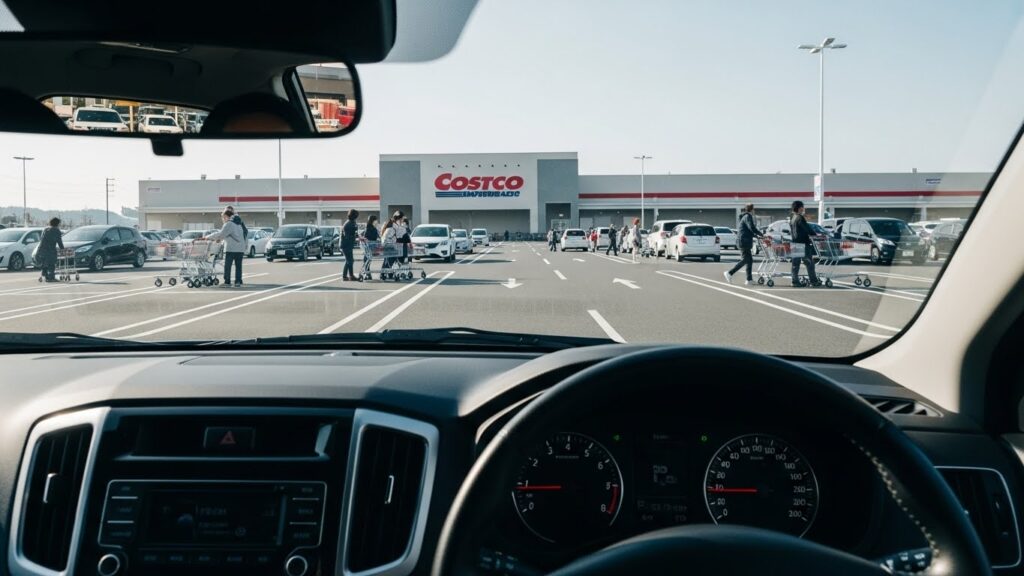 「運転席から見たコストコ駐車場の様子。カートを押す歩行者や走行する車が多く、ペーパードライバーにとって認知判断が難しい環境を示している。ショッピング付きペーパードライバー講習では、こうした実際の駐車場で安全な走行判断を学べる。」