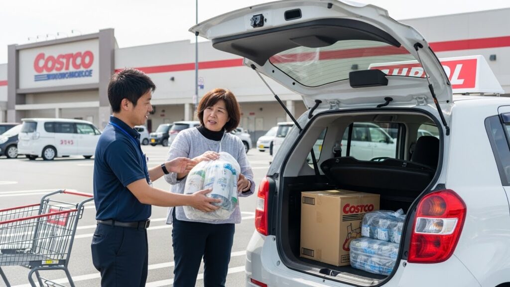 「コストコの駐車場で、インストラクターが買い物後の荷物積み込みをサポートしている様子。東京ドライビングサポートのショッピング付きペーパードライバー講習で、走行から駐車、買い物、積み込みまでを実践的に学ぶシーン。」