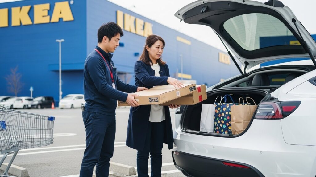 「IKEA の駐車場で、インストラクターが受講者と一緒に購入した家具を車のトランクへ積み込んでいる様子。ショッピング付きペーパードライバー講習で、大型施設への走行・駐車・買い物・荷物積み込みを実践的に学ぶシーン。」