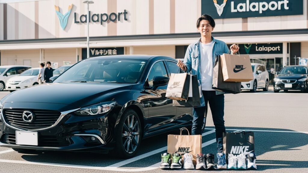 「ららぽーとの駐車場で、スニーカーを複数購入した男性が自分の車の前で買い物袋を持って笑顔を見せている様子。ショッピング付きペーパードライバー講習では、実際の商業施設を目的地にした運転練習を通じて、買い物や積載までの生活動線を安全に経験できる。」