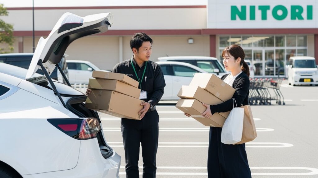 「ニトリの駐車場で、インストラクターが受講者と一緒に購入した荷物を車に積み込んでいる様子。ショッピング付きペーパードライバー講習で、買い物から積載までの実践的な流れをサポートしているシーン。」