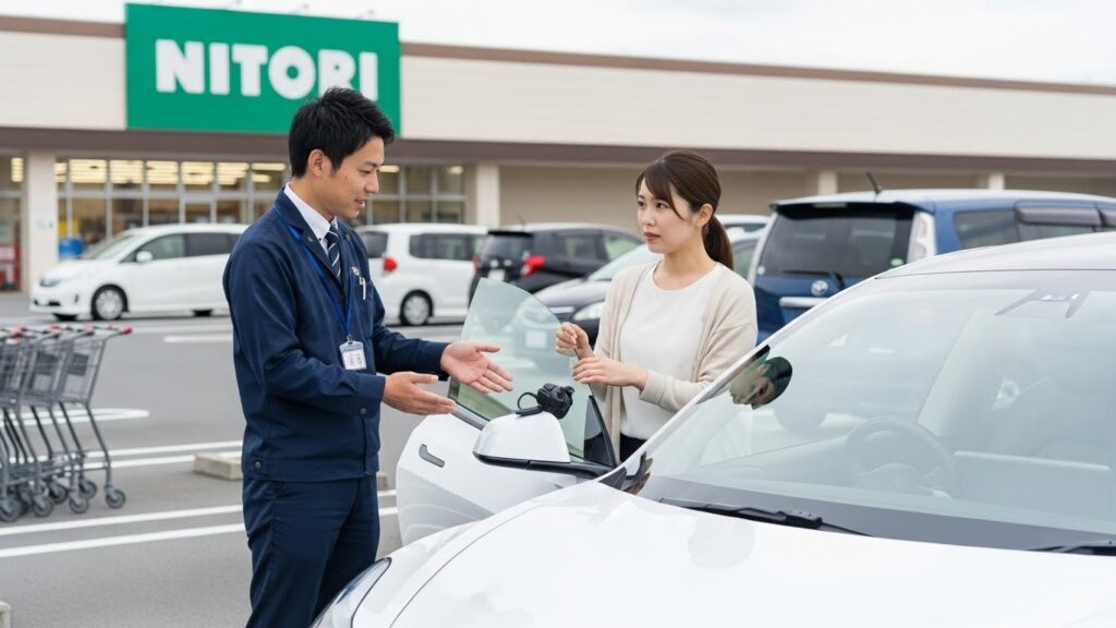 「ニトリの駐車場で、インストラクターが受講者に駐車や動線のポイントを説明している様子。ショッピング付きペーパードライバー講習で、大型駐車場の動き方や安全確認を実践的に身につけるシーン。」
