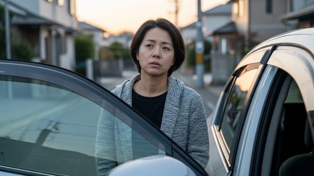 「朝、まだ眠気が残る表情で車に乗ろうとしている日本人女性。起床直後は判断力や集中力が低下し、安全運転にリスクがあることを示す場面。」