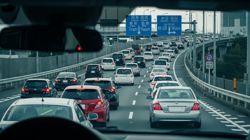 車内から見た日本の幹線道路の渋滞風景。前方の車が密集し、交通の流れが遅くなっている様子がわかる視点。