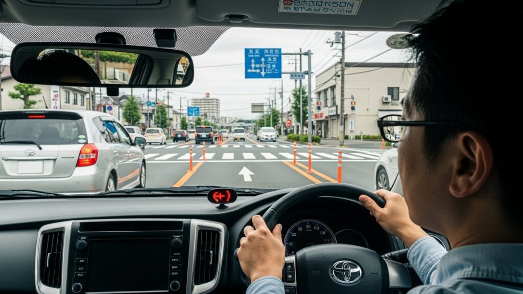 日本の一般道で、男性ドライバーが前方の交通の流れと速度の変化を車内から確認している様子。