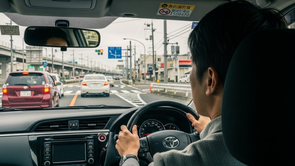 「日本の幹線道路を走行するドライバーが、前方の車列と信号を確認しながら交通の流れを読む練習をしている様子。車内からの視点で、前車との距離・速度変化・道路状況を把握している場面。」