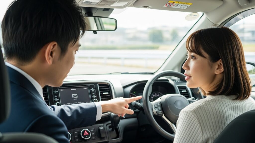 トヨタ車の運転席で、インストラクターがハンドル周りの装置や操作方法を説明している様子