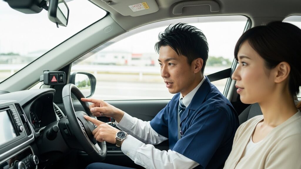 車内でインストラクターがハンドル周りの装置や運転支援機能について説明している様子