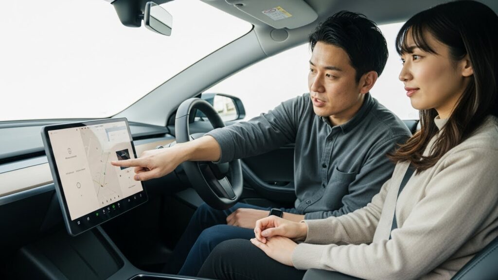 車内でインストラクターがセンターモニターの装置や機能について説明している様子