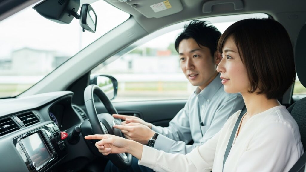 車内でインストラクターが運転席の装置や操作方法を説明し、女性が画面を見ながら確認している様子