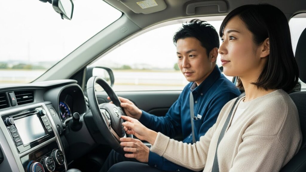 運転席で女性がハンドル操作を行い、助手席のインストラクターが装置や操作感覚を確認している様子