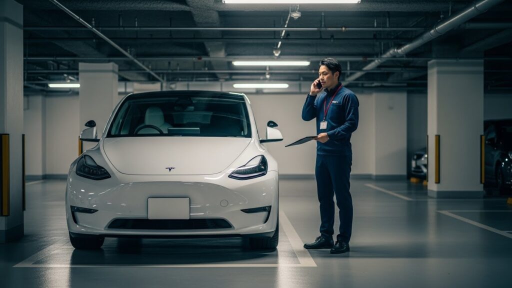 港区の地下駐車場で、テスラ（Model Y）を前にインストラクターが事前確認の電話対応をしている様子。外車ペーパードライバー講習で車両を丁寧に扱う姿勢を示すシーン。