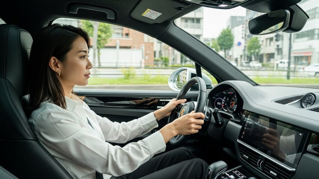 港区エリアで外車を運転する30代女性。左ハンドルの外車SUVを運転しながら、ペーパードライバー講習を想定した走行シーン。