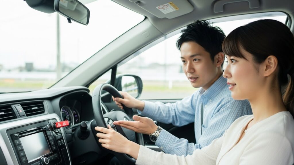 自分の車の運転席で、インストラクターがハンドル周りの装置や操作を説明している様子
