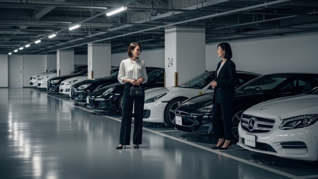 港区の地下駐車場で、左ハンドルの外車を前にインストラクターと相談する女性。外車ペーパードライバー講習の事前ヒアリングを想定したシーン。