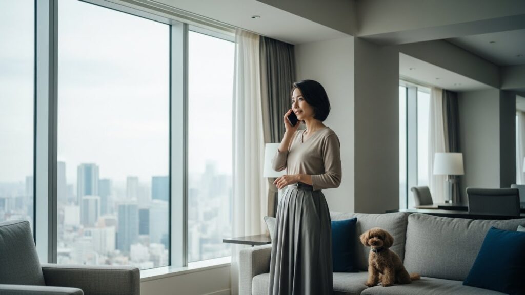 六本木エリアの高層マンションで、愛犬と暮らす30代女性が窓辺で電話相談をしている様子。港区在住で外車のペーパードライバー講習を検討しているイメージ。