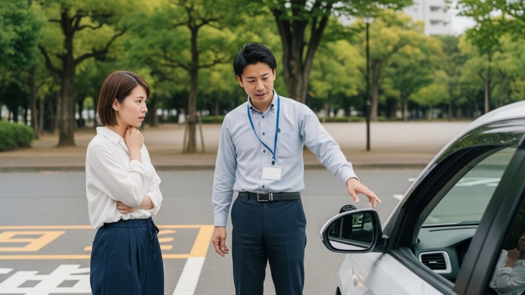 駐車前に車の位置と角度を確認しながら、インストラクターの説明を聞くドライバー