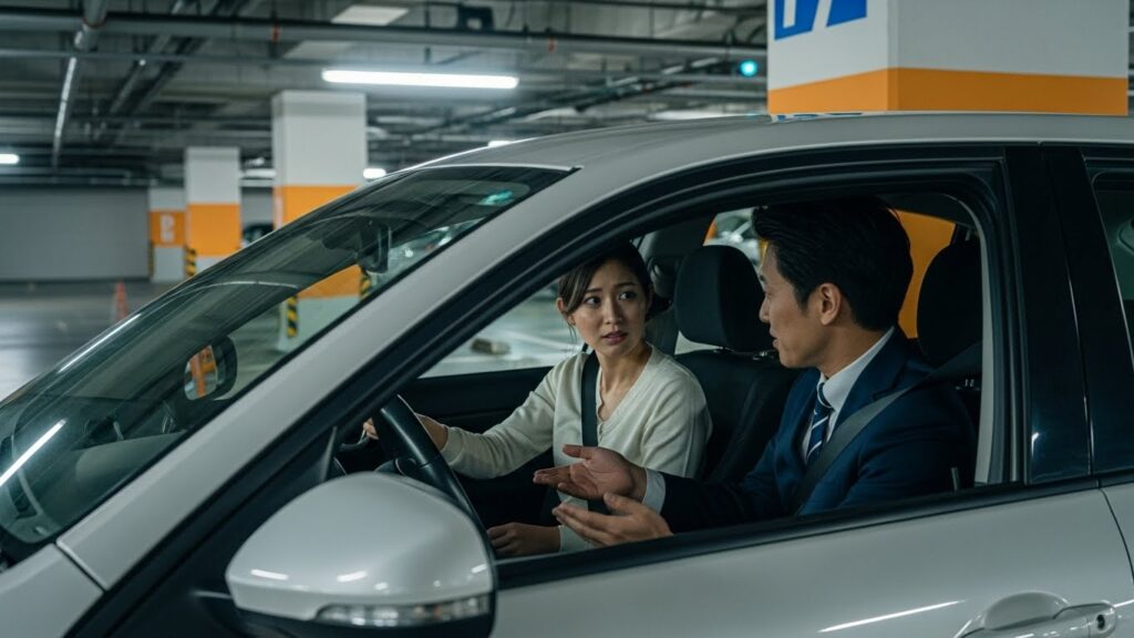 地下駐車場で、駐車方法についてインストラクターの説明を受けるドライバー