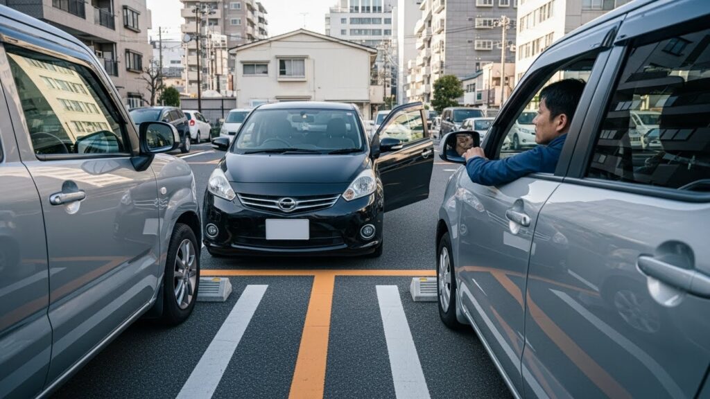 都内の駐車場で、駐車に苦戦しながら位置を確認するドライバーの様子